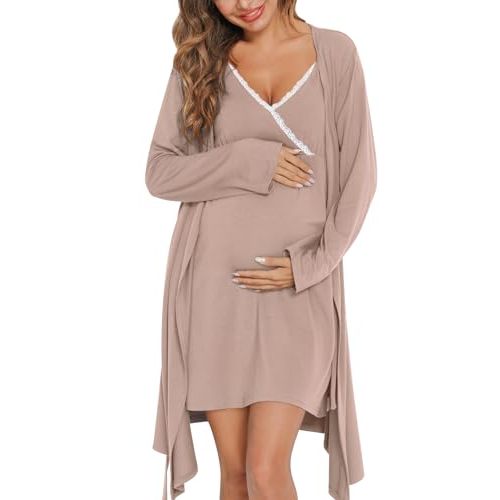 SWOMOG Womens Maternity Robe 2 Piece Nursing Nightgown for Breastfeeding 3 in 1 Labor Delivery Nursing Dress Lace Bathrobe