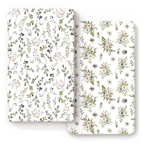 GRSSDER Stretchy Ultra Soft Jersey Knit Fitted Crib Sheets Set 2 Pack, Cozy Crib Sheet Fits All Standard Crib Mattress Pads, Stylish Watercolor Rose and Flora | Ultra Soft, Cozy, Stretchy, Fitted, Stylish, Crib Sheet