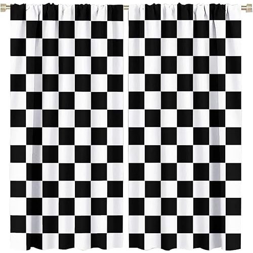 Black White Curtains Racing Style Checkered Flag Racing Race Car Line Rod Pocket Blackout Window Drapes 2 Panels Set for Bedroom Living Room Decor 42x45in