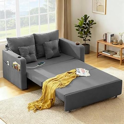 Busaurus Convertible Sleeper Sofa Bed, 56" Full Size Loveseat Sleeper Sofa, Comfy Pull Out Couch Bed with 4 Pillows, Pocket, USB, Small Couches for Small Spaces, Living Room, Bedroom, Apartment, Grey