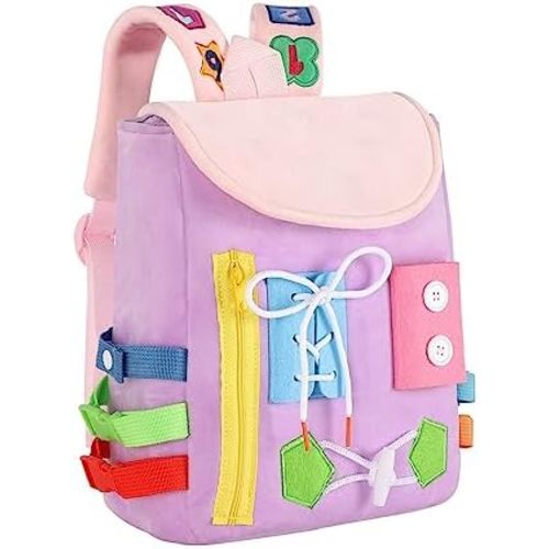 Busy Board - Toddler Backpack with Buckles and Learning Activity Toys - Develop Fine Motor Skills and Basic Life Skills - Learn to Tie Shoes - Children's Travel Toy (Purple)