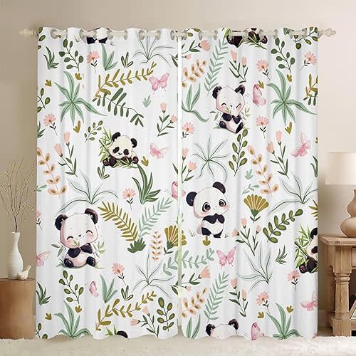 Cute Panda Blackout Window Curtains,Kawaii Black White Panda Leaves Plant Home Decor Curtains,Cartoon Animal Pink Butterfly Durable Blackout Window Curtains for Kids Gifts,2 Panels, 38Wx54L inch