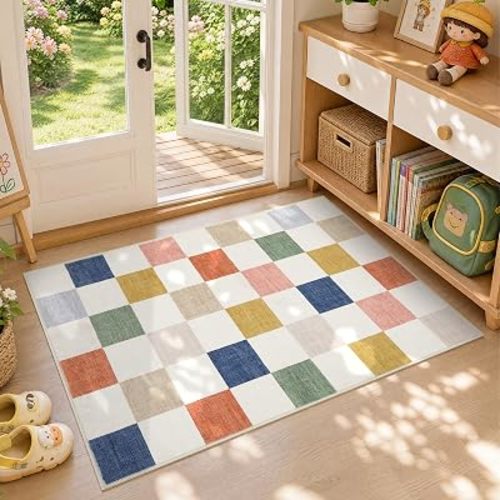 GarveeHome Checkered Colorful 2x3 Washable Low-Pile Rug Small Soft Door Mat