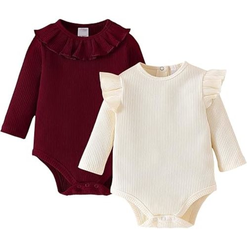 ROMPERINBOX Baby Girl Bodysuit 2 Pack, Long Sleeve Ribbed Knitted Onsies Ruffle Collar and Flutter Sleeve Fall Winter Clothes