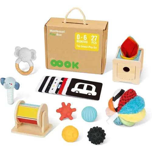 OOOK Montessori Toys 0-6 Months, Montessori Toy Set, 7 in 1 Newborn Baby Toys with Spinning Drum, Tissue Box Toy, Sensory Balls, Contrast Cards and More