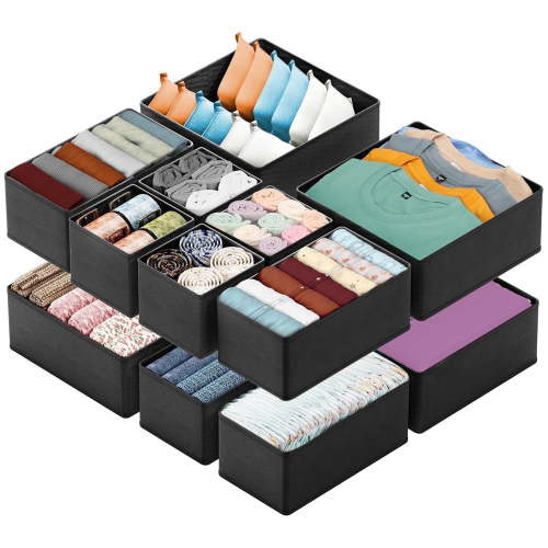 TAIMASI 12 Pack Drawer Organizer Clothes, Dresser Organizer Bins for Nursery, Closet Organization and Storage Dividers for Clothing, Underwears, Socks - Black