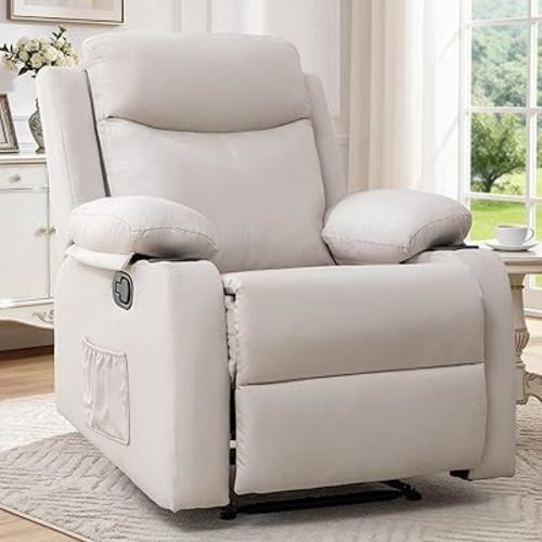Korser Manual Recliner Chair for Adults, Small Recliners for Small Spaces, Nursery Recliner with Adjustable Backrest, Cup Holders and Side Pockets, Reclining Chair for Living Room, Beige