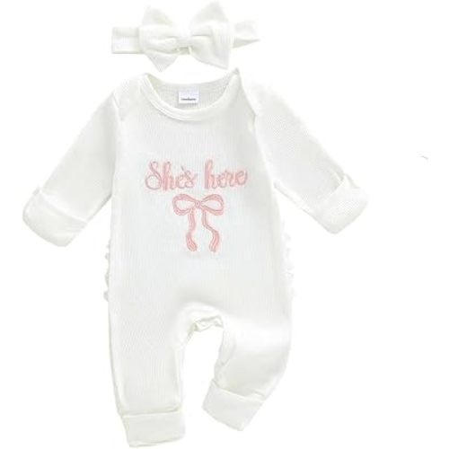 FIOMVA Im New Here Newborn Outfit Girl Long Sleeve Letter Romper Ribbed Knit Jumpsuit Baby Girl Preemie Coming Home Outfit