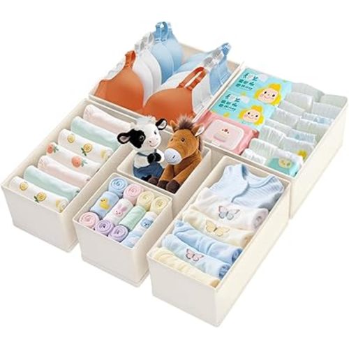Drawer Organizer Clothes - Dresser Organizer for Baby Clothes, Underwear, Sock - Nursery Organization - Foldable Closet Organizatio Dividers for Bra, Belt, Tie (Beige, 6 Pack)
