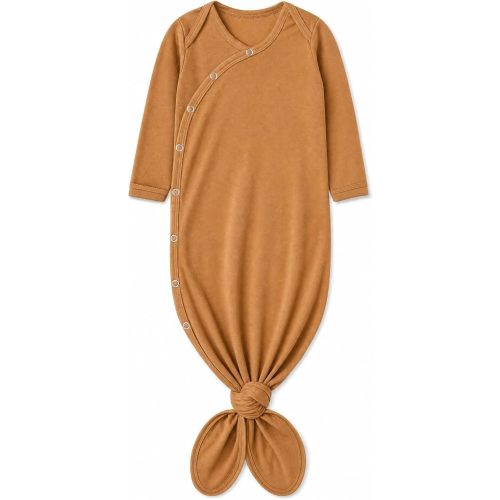 Copper Pearl Baby Gown - Knotted Newborn Sleepers for Baby Boy and Girl, Soft Stretchy Long Sleeve Infant Gowns with Bottom Tie and Hand Mittens, Perfect Hospital Coming Home Outfit (Camel)