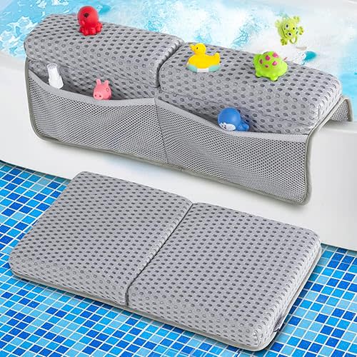 OS OMYSTYLE Baby Bath Kneeler and Elbow Rest Pad Set, 1.5'' Thick Quickly Dry Bathtub Kneeler Pad with Baby Toys & Bath Accessories Organizer, Kneeling and Elbow for Baby Tub, Non-Slip Mat(Light Grey)
