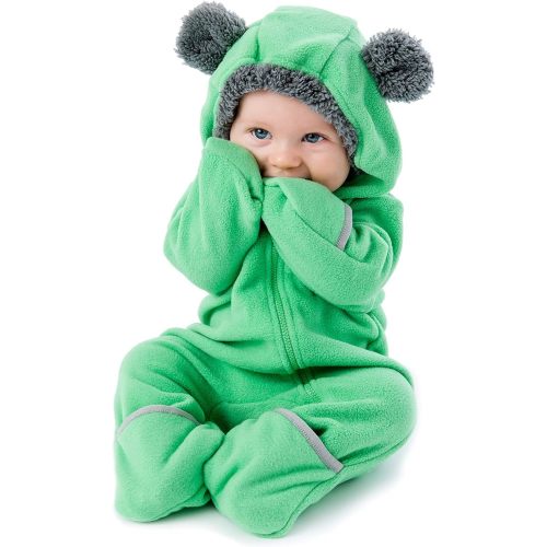 Fleece Baby Bunting Bodysuit – Infant One Piece Kids Hooded Romper Outerwear Toddler Jacket - 6-12 Months - Bear - Green