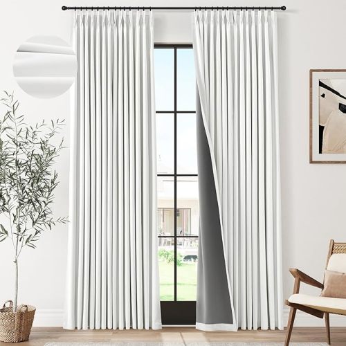 White Pinch Pleated 100% Blackout Linen Curtains 90 Inches Long 2 Panels Pinch Pleat Curtains for Bedroom Living Room Darkening Thermal Insulated Memory Trained Drapes with Hooks Rings White 40x90