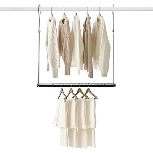 Hanging Closet Rod Extenders, Adjustable Width and Height Closet Extender Hanging Rod, Space-Saving Closet Hanging Rod, Heavy Duty Closet Bar for Hanging Clothes, 1 Pack Black