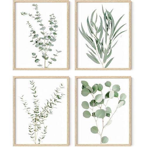 HAUS AND HUES Botanical Plant Wall Art - Set of 4 Prints, Floral Kitchen Decor, Boho Leaf Eucalyptus Wall Art, Green Botanical Poster (Beige Frame, 11x14)