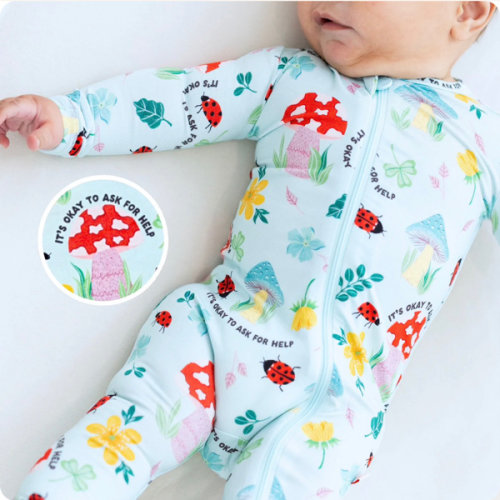 Bamboo Footie Zipper Baby Pajama - Woodland Mushrooms Bamboo Onesie Sleeper - Its Okay to Ask for Help Affirmation – Raising Mama