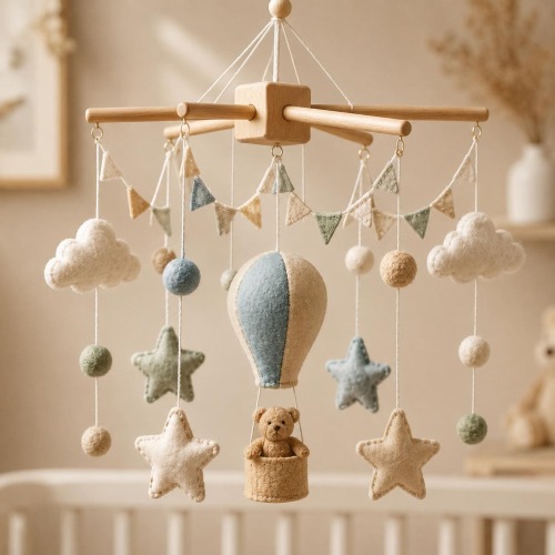 Handcrafted Hot Air Balloon Baby Mobile, Blue Cloud Star Nursery Decor