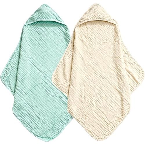 david's kids 2 Pack Hooded Baby Towels, 100% Muslin Cotton 6-Layer Ultra Soft Breathable Absorbent Baby Bath Towels for Infant and Toddler, Newborn Essentials, Large 32x32Inch, Beige & Green