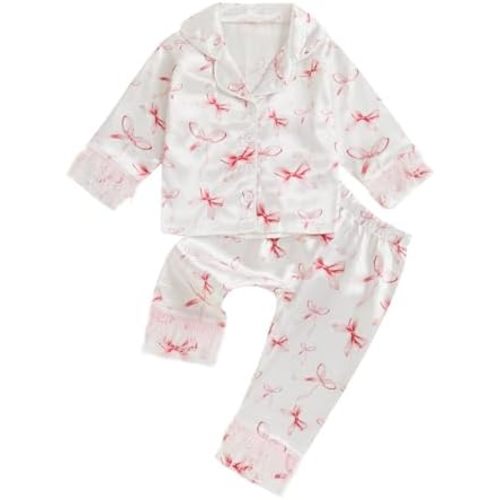 Multitrust Baby Girls Silk Pajamas Set Daisy Floral Girl Button Down Long Sleeve Shirts and Pants Infant Satin Pj Lounge Set