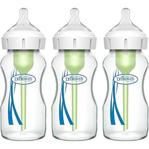 Dr. Brown's Natural Flow Anti-Colic Options+ Wide-Neck Glass Baby Bottles 9 oz/270 mL, with Level 1 Slow Flow Nipple, 3 Pack, 0m+