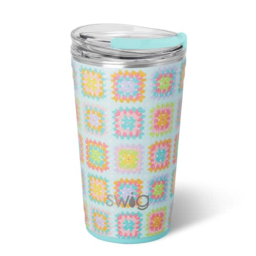 Swiglife 24oz Party Cup, Stackable Insulated Travel Coffee Tumbler with EZ Slider Lid, Cup Holder Friendly, Stainless Steel 24 oz Tumbler, Reusable Coffee Mug (Granny Squares)