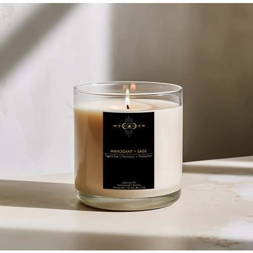 Mahogany and Sage Tigers Eye Crystal Candle