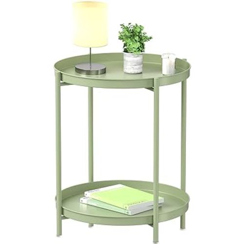 EKNITEY 2 Tier End Table - Metal Side Table Waterproof Small Sofa Coffee Side Tables Bedroom Indoor Outdoor with Removable Tray for Living Room Bedroom Balcony and Office (Atrovirens)
