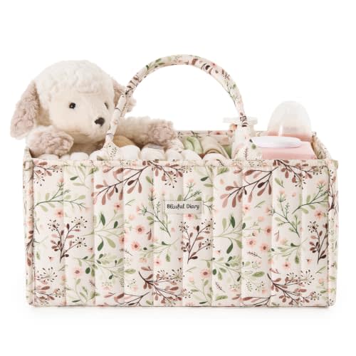 Blissful Diary Floral Diaper Caddy Organizer Storage Basket, Pastoral Daisy | Portable Storage Basket with Removable Dividers, Gift for Baby Shower, Newborn Boy & Girl Essentials, Baby Registry Must Have