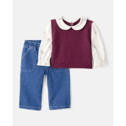 Baby Girl 2-Piece Floral Collared Shirt & Pant Set - Maroon/Blue | Carter's