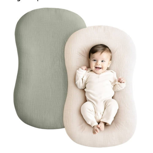 Konssy Muslin Baby Lounger Cover 2 Pack, 100% Cotton Newborn Lounger Cover, Soft and Breathable Lounger Cover for Boys Girls, Covers Only (Fog Green,Cream)