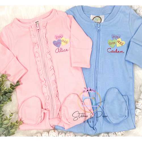 Baby Girl, Baby Boy First Valentine Day Outfit/Monogrammed Personalized Footie/Conversational Hearts/Gift/Newborn/Embroidered Romper/Sleeper