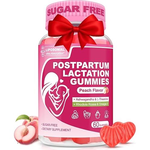 Liposomal Lactation Supplement | Postpartum Lactation Support Gummies, Natural Breast Milk Booster with Ashwagandha, L-Theanine & Omega-3 for Nursing Moms | Balance & Recovery | Peach Flavor, 60cts 1P