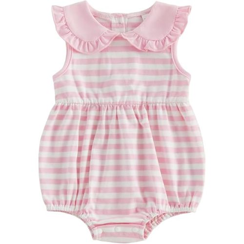Newborn Baby Girl Summer Clothes Striped Peter Pan Collar Sleeveless Bubble Romper Bodysuit Jumpsuit Infant Outfit