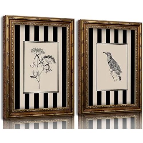 WWSGSG 2Pcs Plant Bird Sketch Canvas Wall Art Vintage Gold Framed 9X11in