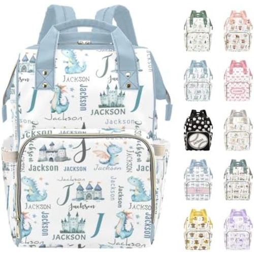 Personalized Cute Dragon Diaper Bags for Boys, Custom Diaper Backpack with Name, Customized Nappy Mommy Bags for Travel Camping Hiking Picnic, Dinosaur Backpack