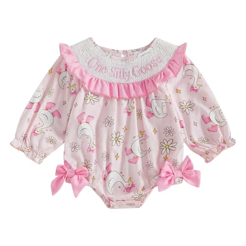 KKCVMOMOQ Newborn Baby Girl Fall Clothes One Silly Goose Long Sleeve Smocked Bubble Romper Onesie Infant Farm Goose Outfit (Pink, 0-3 Months)