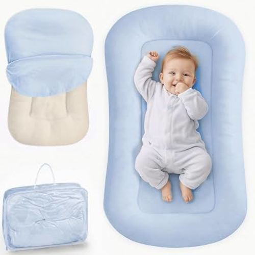 Infant Support Cushion - Baby Support Cushion for Newborn 0-24 Months | Breathable Cotton Tummy Time Mat, Supervised Use, Portable Newborn Essentials for Home & Travel, ZumaBlue (Cover Included)