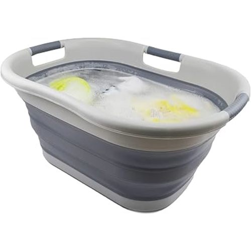 SAMMART 40L (10.5 gallons) Collapsible Plastic Laundry Washing Tub - Foldable Pop Up Laundry Basket/Hamper - Portable Washing Tub - Pop Up Saving (Grey/Dark Grey)