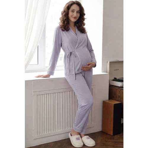 Cotton Wrap Front Long Sleeve Top Wide Leg Pants Maternity Sleepwear