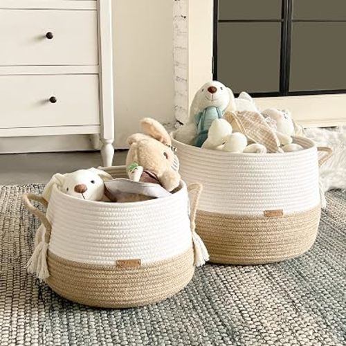 R RUNKA Small Basket for Stuffed Animal,Clothes ,Baby Blankets -11.8"x9.8"- Boho Baskets for Living Room,Bedroom,Nursery |Cotton Rope Baskets, Cube Basket, Under Shelf Basket | Baskets for Home Decor