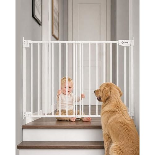Sekey No Bottom Bar Baby Gate for Stairs, 27.6-42" Auto Close Safety Gate, Hardware Mounted Toddler Gate with One-Hand Operation, Pet Friendly Metal Gate, White