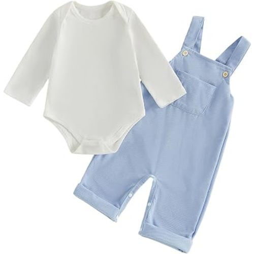 Newborn Baby Boy Clothes Infant Long Sleeve Romper Waffle Suspender Overalls Pants Hat Set Fall Winter Outfits