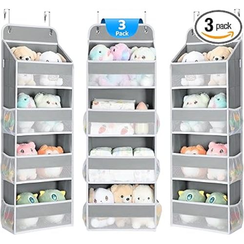 Yecaye 3 Pack Over the Door Organizer, 35.2lbs Load Toy Stuffed Animal Storage, Swing-proof Hanging Bathroom Organizers and Storage for Nursery Newborn Baby Essential Stuff Dorm Room Essentials Grey