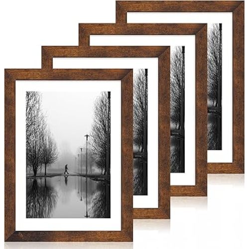 iRahmen 10x14 Picture Frame Set of 4 with Tempered Glass, Rustic Frame Display 8x12 Pictures with Mat or 10 x 14 Without Mat, Wooden Photo Frames for Wall Mounting