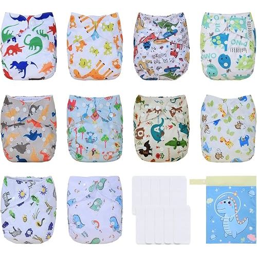 TDIAPERS Cloth Diaper Covers Reusable Washable Pocket Diapers One Size Adjustable for Baby 10 Pack with 10 Pcs Microfiber Inserts, 1 Wet Bag