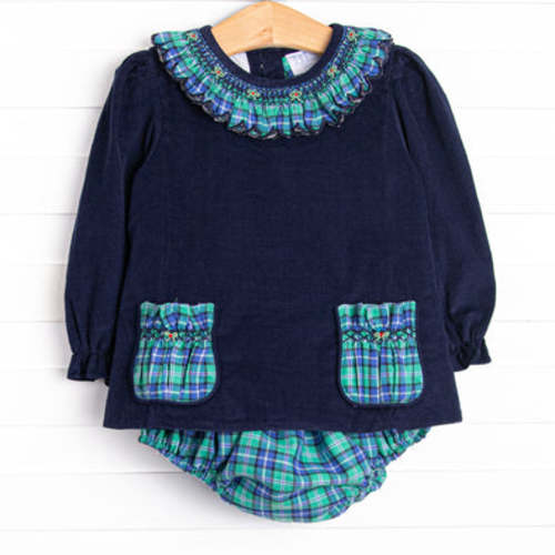 Bleu: Harper Holly Smocked Long Sleeve Diaper Set, Blue and Green Plai – Stitchy Fish