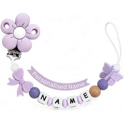 Personalized Baby Pacifier Clip with Name,Customized Name Silicone String Clip for Boy Girl (Purple)