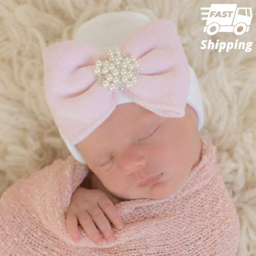 Newborn Girl Hospital Hat: Pearl Rhinestone Jewel, Pink Bow