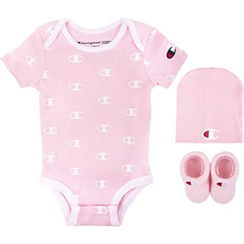 Champion unisex-baby 3-pc Box Set Includes an Infant Body Suit, a Bib Or Hat & Pair of Booties in Colors and Size 0-6m