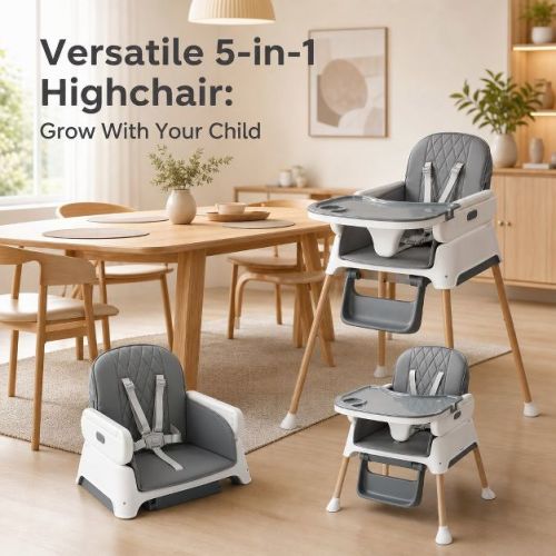JOYMOR 5 in 1 Baby High Chair for Baby and Toddler, Portable Highchair Fold Compact,Baby Feeding Chair Booster with Tray, 5 Point Harness